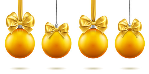 2019 christmas or new year realistic toys with bows hanging on chains. Merry christmas fir tree decorations, golden baubles with bow-knots, golden spheres for xmas holidays. Celebration theme