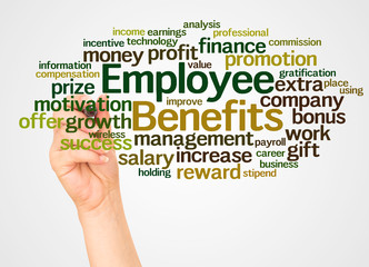 Employee benefits word cloud and hand with marker concept
