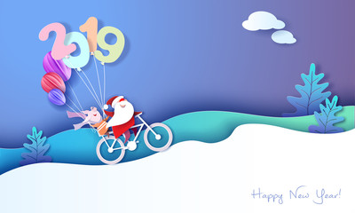 Fototapeta na wymiar 2019 Happy New Year design card with Santa and elf
