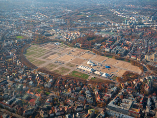 Helicopter view to Munich Theresienwiese from top after wiesn