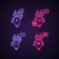 Chatbots neon light icons set