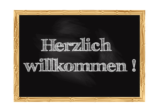 Hrzlich willkommen - Welcome in German blackboard notice Vector illustration