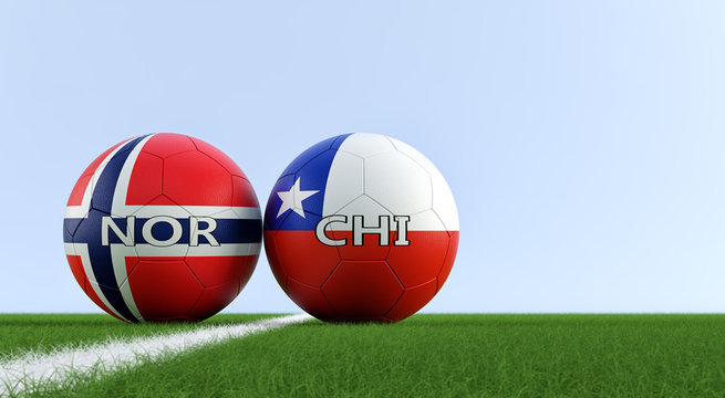 Norway vs. Chile Soccer Match - Soccer balls in Norway and Chile national colors on a soccer field. Copy space on the right side - 3D Rendering 