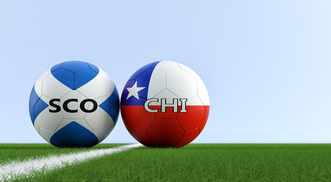 Scotland vs. Chile Soccer Match - Soccer balls in Scotland and Chile national colors on a soccer field. Copy space on the right side - 3D Rendering 