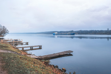 The ancient Russian town of Plyos on the Volga river in late autumn. The city is connected with the great Russian artist Levitan
