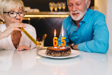 Happy senior couple celebrating birthday together.