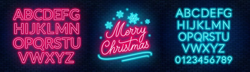 Neon sign merry christmas on a dark background with bright alphabets. - obrazy, fototapety, plakaty