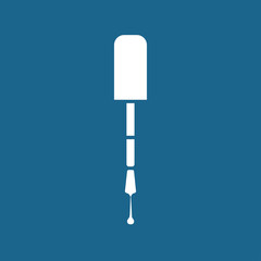 Vector illustration flat icon of nail polish brush with drop. White silhouette, blue background