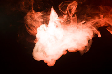 Multicolored smoke from a wap of red and white color of the strange mystical form on on a black isolated background. Bright clouds in the form of the animal's head.