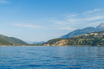 View of the beach Jaz from the sea near the town of Budva