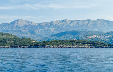Budva Riviera in Montenegro, view from the sea on a sunny day