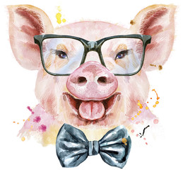 Watercolor portrait of pig with bow-tie and glasses