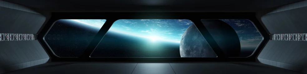 Foto op Canvas Ruimteschip futuristisch interieur met uitzicht op planeet Aarde © sdecoret