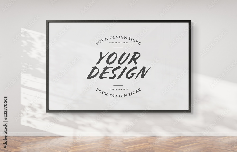 Poster black frame hanging on a wall mockup 3d rendering