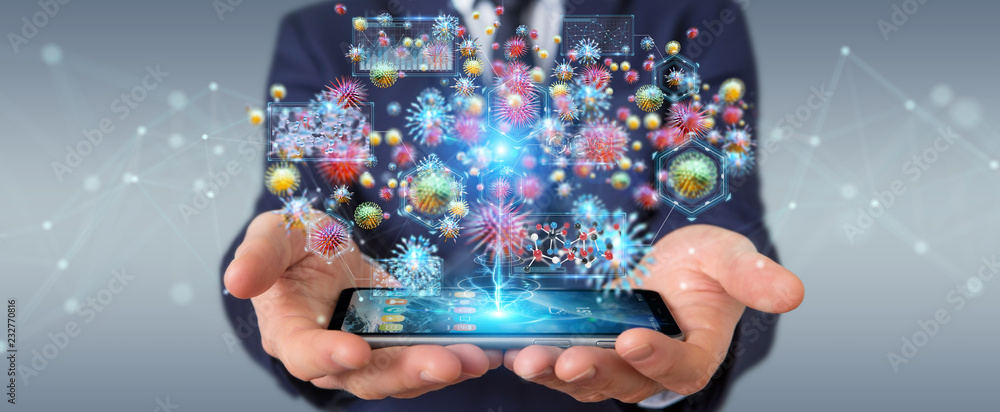 Poster businessman analyzing bacteria microscopic close-up 3d rendering