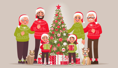 Big joyful family near the Christmas tree. Merry Christmas and Happy New Year