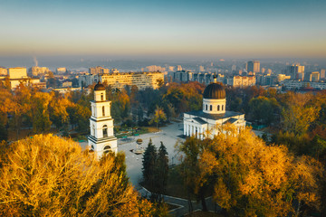 Sunset in Chisinau, Republic of Moldova. Aerial photography