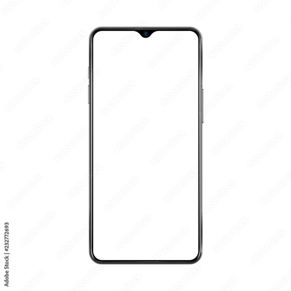 Poster New version of black thin frame smartphone with small face camera and blank white screen. Realistic vector illustration.