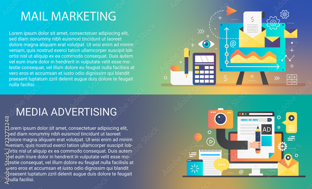 Poster Email mobile marketing in trendy dynamic gradient style concept with infographics icons elements collection.