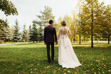 Newlyweds walking together in nature, autumn park, romantic landscapes for two during a wedding photo shoot