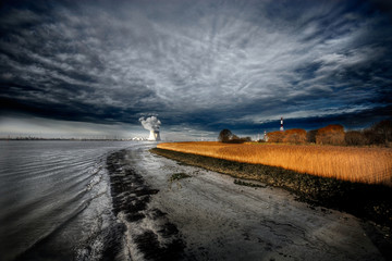 Wheat field, in the Antwerp harbor, by the nuclear power plant. From a pier on the river Scheldt...