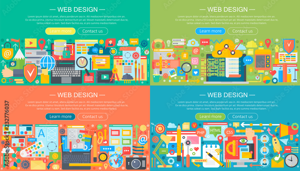 Poster Web design horisontal flat concept design banners set. Mobile phone apps services and apps, web design, application development, visual programming vector illustration.