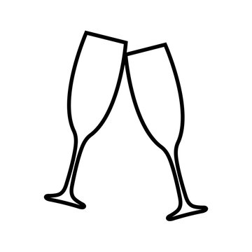 Clinking champagne glasses line icon. Toasting with two glasses of champagne or sparkling wine. Vector Illustration