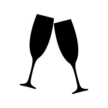 Clinking champagne glasses icon. Toasting with two glasses of champagne or sparkling wine. Vector Illustration