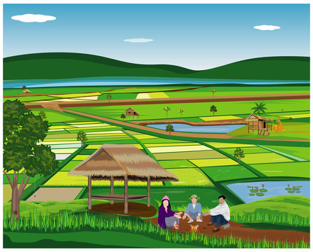 three agriculturist sit around fire at paddy field in winter vector design