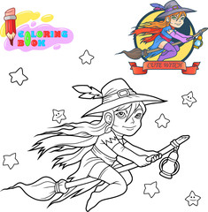 cute witch flying on a broomstick, funny illustration, coloring book