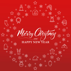 Merry Christmas and Happy New Year. Winter holiday banner with linear icons decorations and Xmas calligraphy.