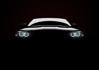 Front view of a generic and brandless modern car with lights on a black background - obrazy, fototapety, plakaty