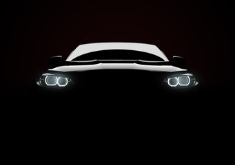 Front view of a generic and brandless modern car with lights on a black background © Cla78