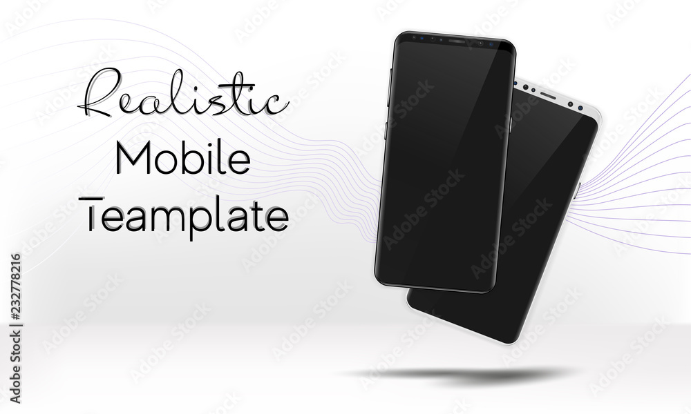 Poster realistic white and black smartphone mockup with gray background and a waves of lines, mobile phone 