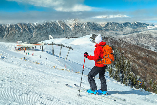Wonderful ski resort with skiers, Prahova valley, Carpathians, Azuga, Romania