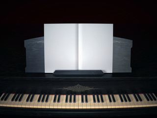 Black piano with opened music book 3d illustration