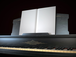Black piano with opened music book 3d illustration