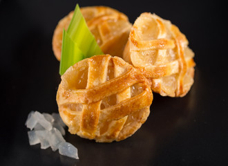 Toddy Palm Pie, Sweet Toddy Palm jam pie, homemade bakery on black background, selective focus