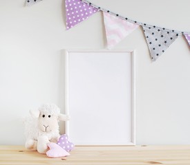  White blank frame mockup for text, photo, art, lettering on wooden table with girl room...