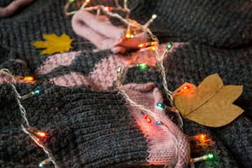 Women's sweater decorated with autumn leaves. Sweater texture. Cold season.