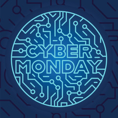 Cyber monday on blue electrical circuit background. Cyber monday sale and discount in web shop and online internet store. Advertising, discount, sale, shopping concept.