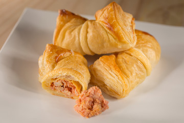 Tuna pie, homemade bakery on wooden background, selective focus