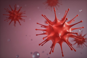 Red viruses and drops of water in space 3D illustration
