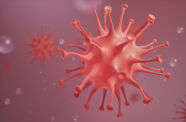 Red viruses and drops of water in space 3D illustration