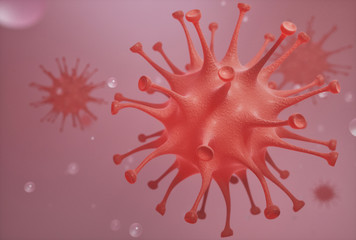 Red viruses and drops of water in space 3D illustration