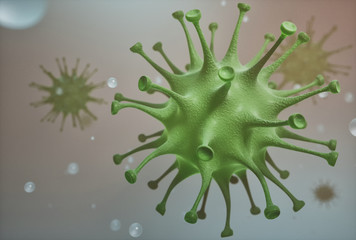 Green viruses and drops of water in space 3D illustration