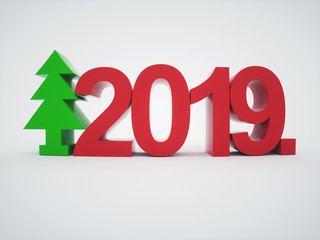 2019 figures with the symbol of the Christmas tree 3D illustration for holiday cards or posters