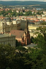 Fototapeta na wymiar Red Evangelical Church of John Amos Comenius in Brno. Red Church in city ​​center of Brno