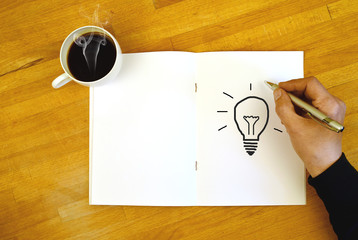 Brainstorming and idea concepts with paper and coffee