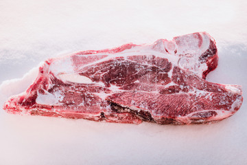 Cuts of meat in the snow. A piece of meat lying on the snow.